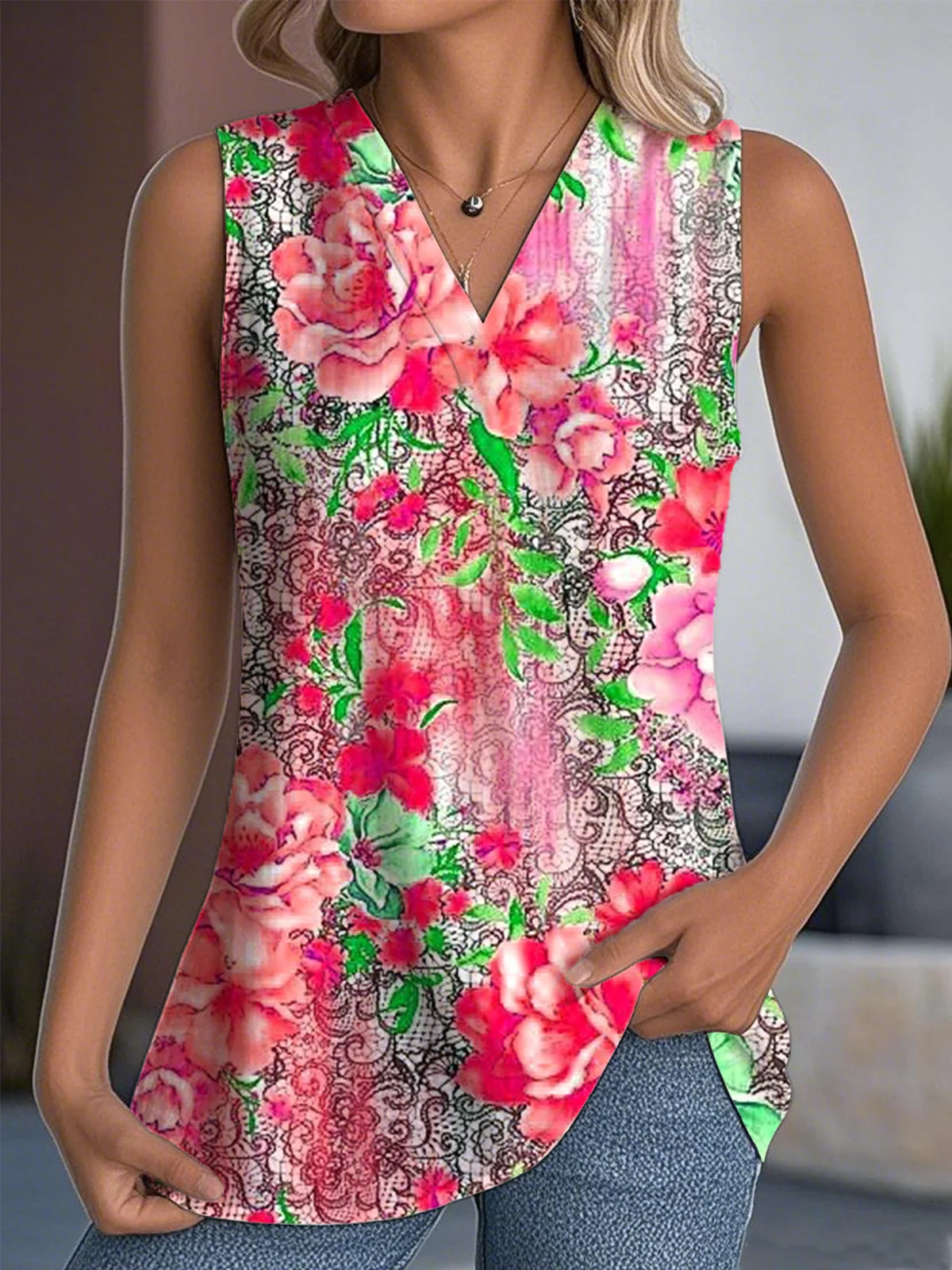 Top Débardeur Tops Femmes Décontracté Floral Été Col V Micro-élasticité Quotidien Sans Manches en Mélangé de Coton Droit
