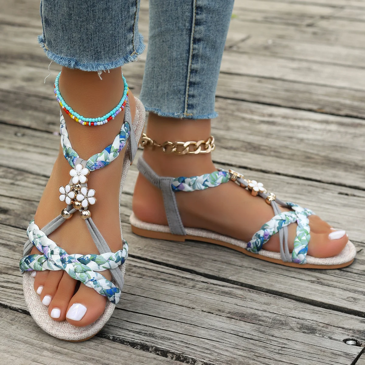 Sandales Espadrilles Femmes Boho Floral Été Polyester Vacances Toit ouvert Sandales Espadrilles Matériel de tissage à Enfiler