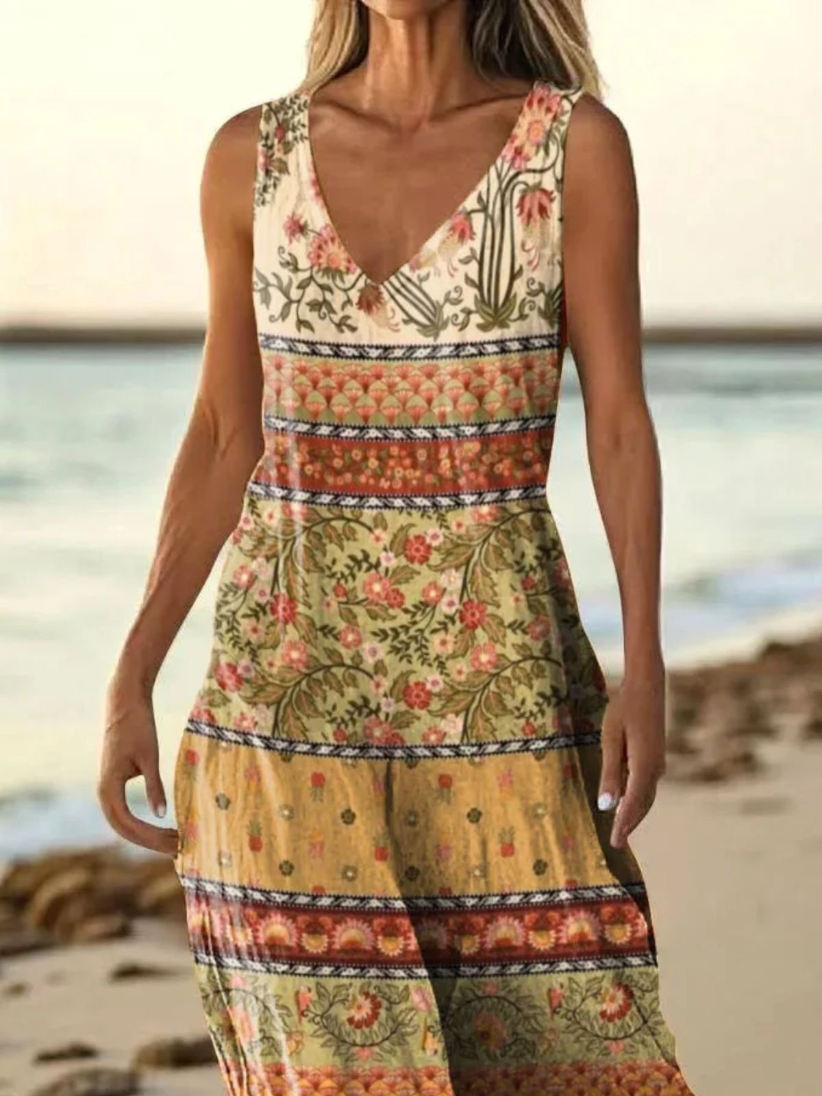 Femmes Floral Brun Col V Confortable Robe Maxi Décontracté