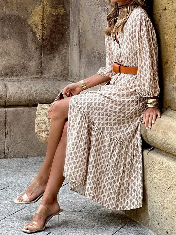 Femmes Géométrique Kaki Col V Confortable Imprimé Robe Maxi Décontracté