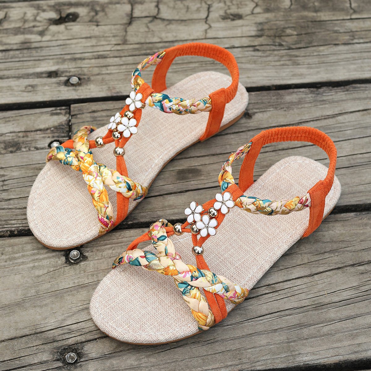 Sandales Espadrilles Femmes Boho Floral Été Polyester Vacances Toit ouvert Sandales Espadrilles Matériel de tissage à Enfiler