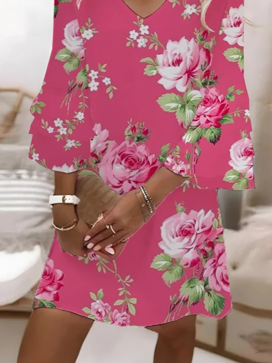 Femmes Floral Rose Col V Confortable Imprimé Robe Maxi Décontracté