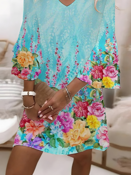 Femmes Floral Bleu Col V Confortable Imprimé Robe Maxi Décontracté