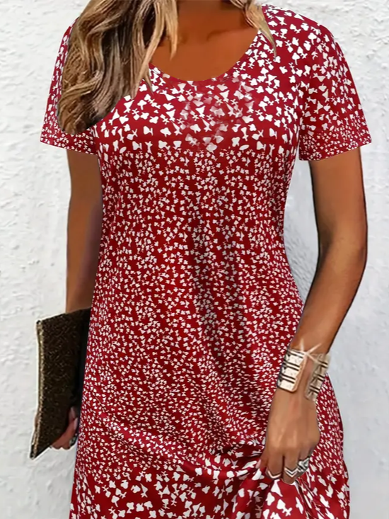 Femmes Petites fleurs Rouge Col Rond Confortable Imprimé Mini Robe Décontracté