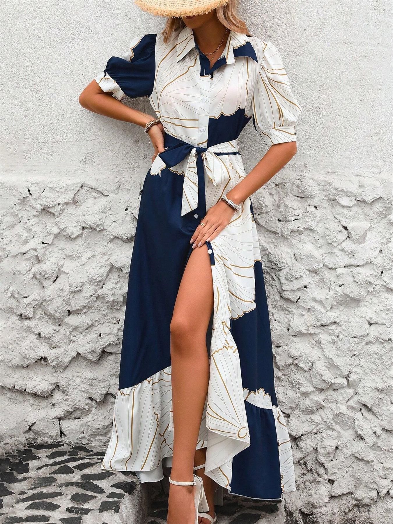 Femmes Géométrique Bleu Marine Col V Confortable Imprimé Robe Maxi Décontracté