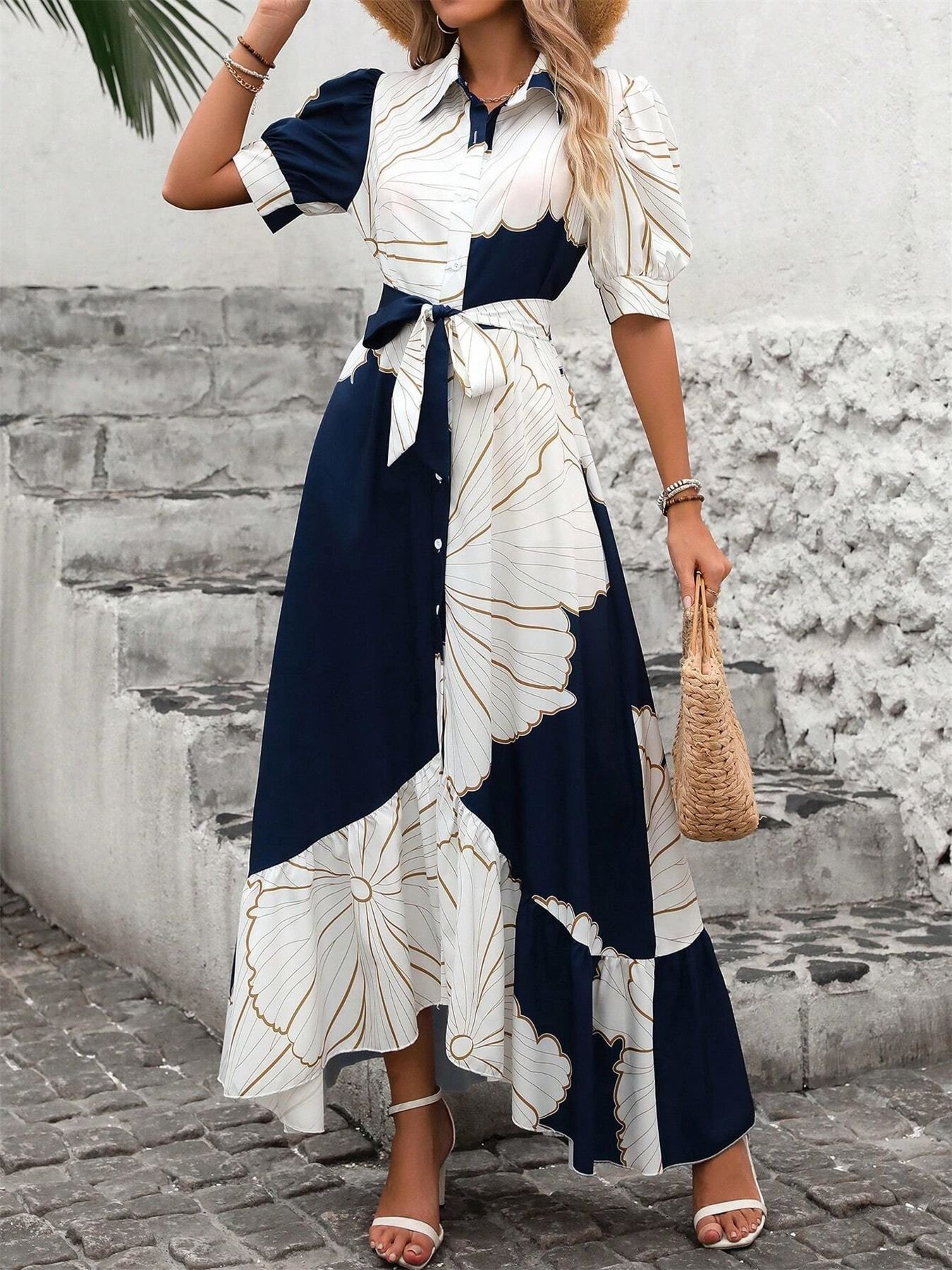 Femmes Géométrique Bleu Marine Col V Confortable Imprimé Robe Maxi Décontracté