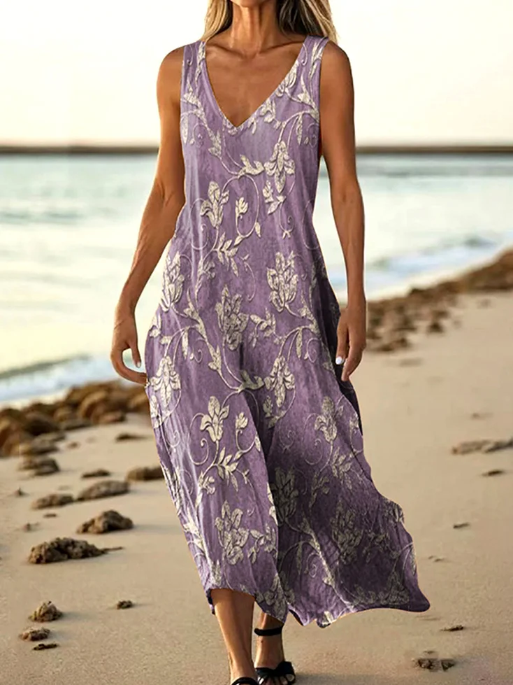 Femmes Floral Violet Clair Col V Confortable Robe Maxi Décontracté