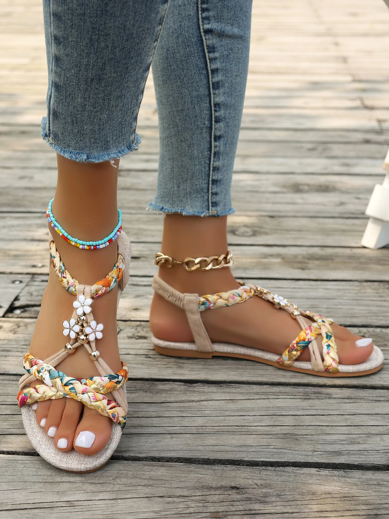 Sandales Espadrilles Femmes Boho Floral Été Polyester Vacances Toit ouvert Sandales Espadrilles Matériel de tissage à Enfiler