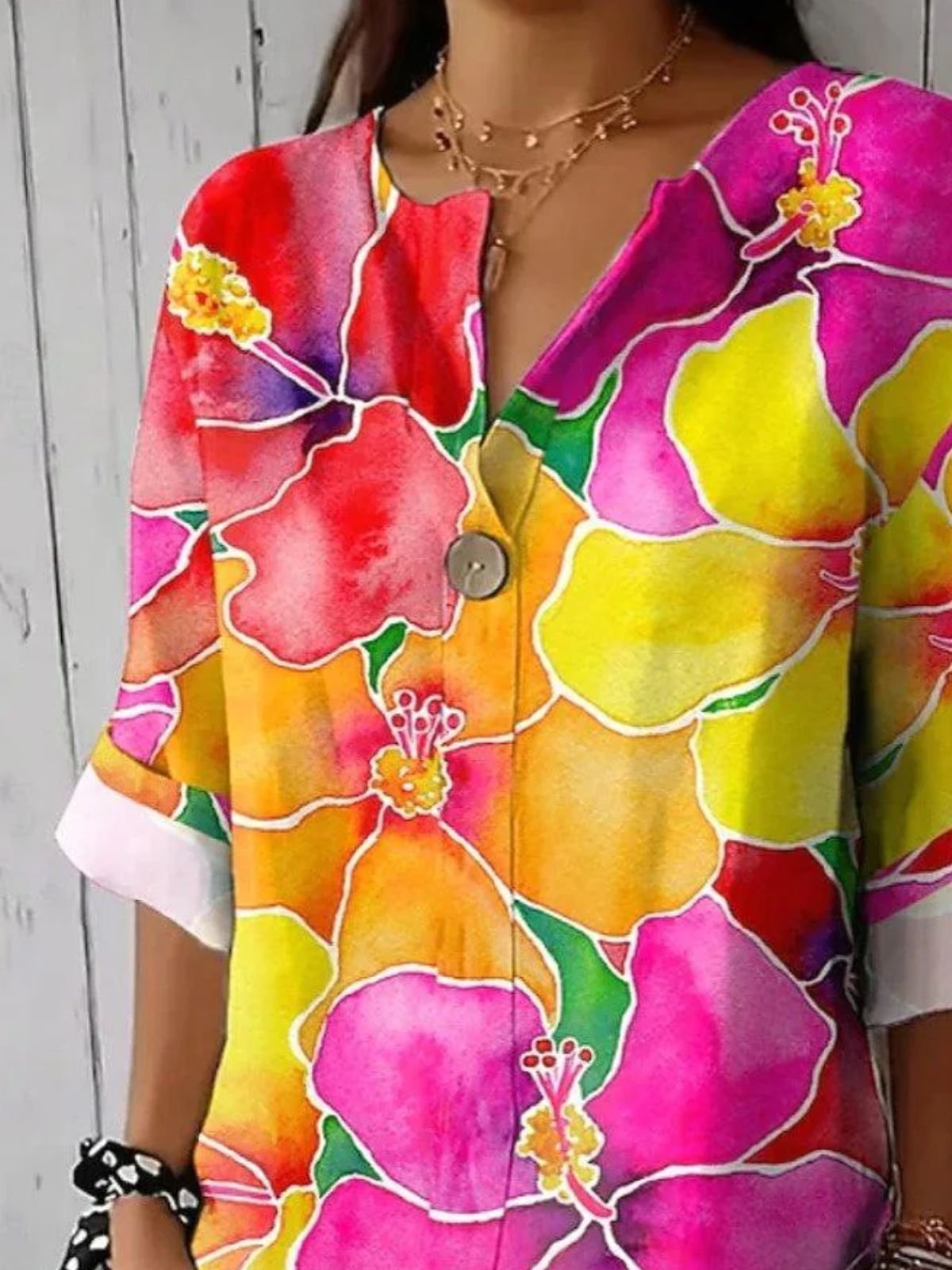 Blouses Femmes Élégant Floral Printemps / Automne Aucune élasticité Manches trois quarts Col Châle Régulier Droit Régulier