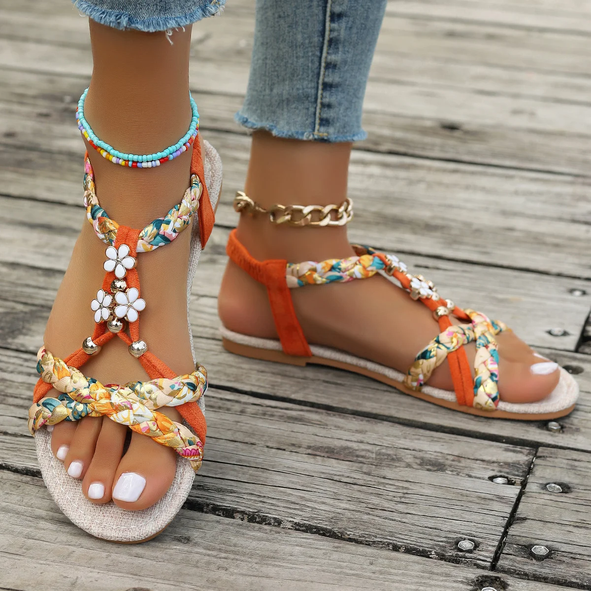 Sandales Espadrilles Femmes Boho Floral Été Polyester Vacances Toit ouvert Sandales Espadrilles Matériel de tissage à Enfiler