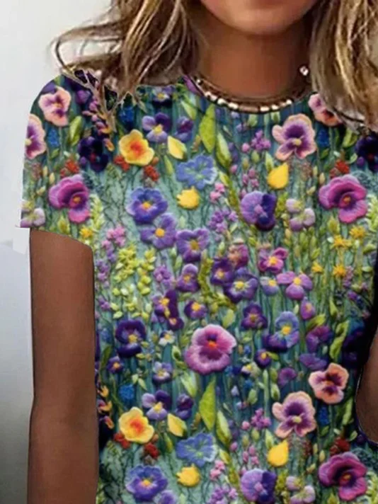 T-shirts Femmes Décontracté Floral Été Ample Jersey Manches Courtes Col Rond Droit Régulier