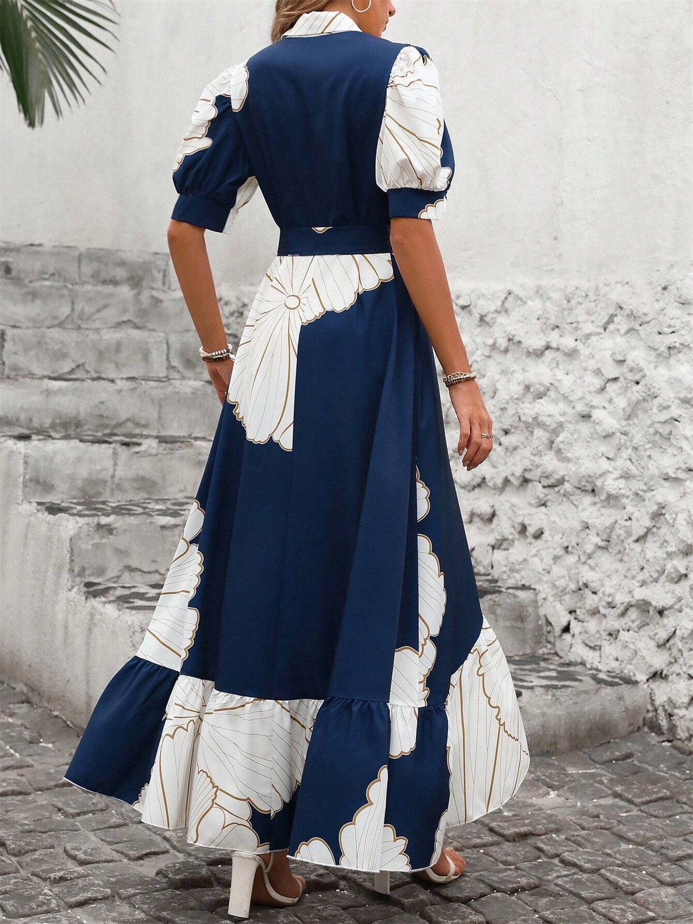 Femmes Géométrique Bleu Marine Col V Confortable Imprimé Robe Maxi Décontracté
