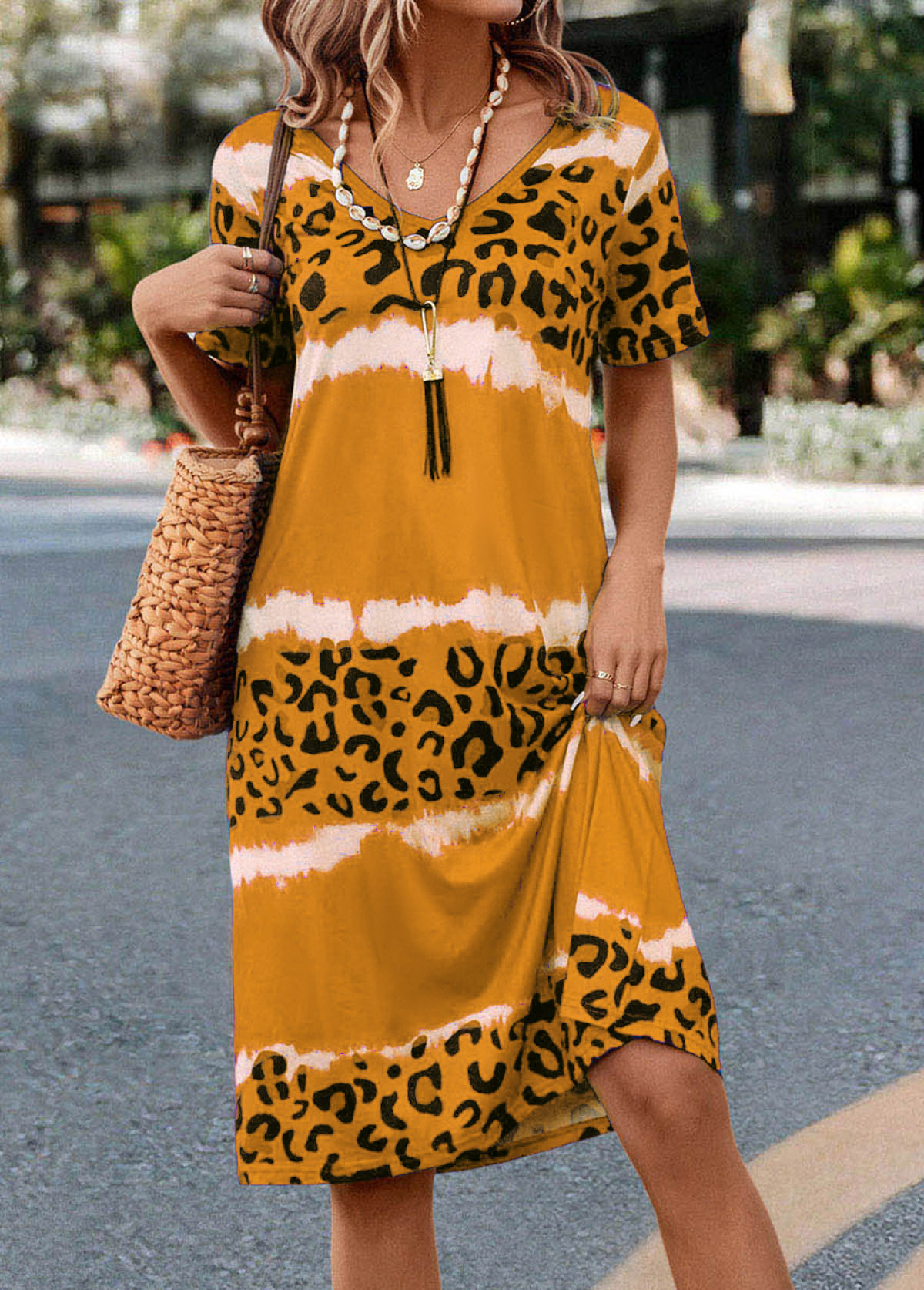 Femmes Coutures contrastées Jaune Col V Confortable Robe Mi-Longue Décontracté