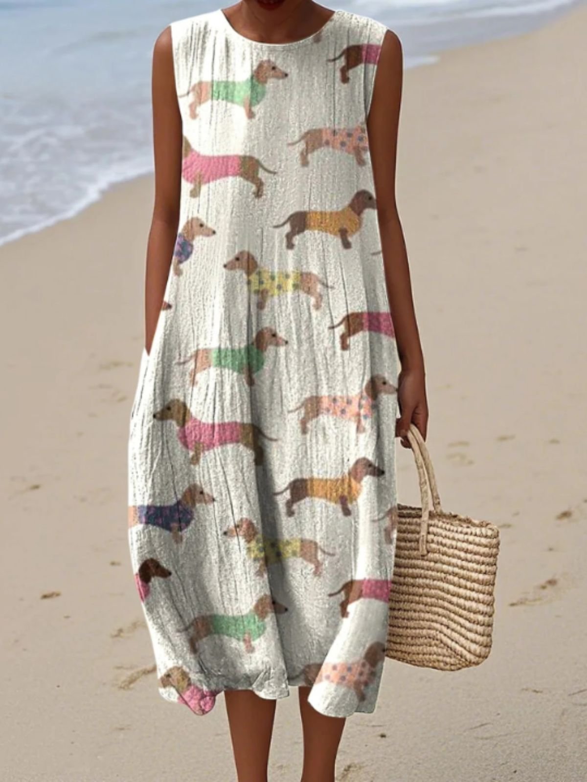 Femmes La peinture Abricot Col Rond Confortable Robe Maxi Décontracté