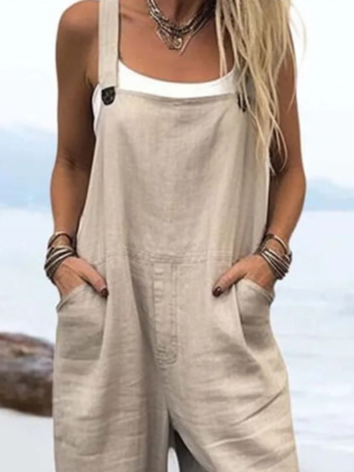 Combinaisons Femmes Vacances Plain Été Naturel Long Gallus Top Débardeur Droit Régulier