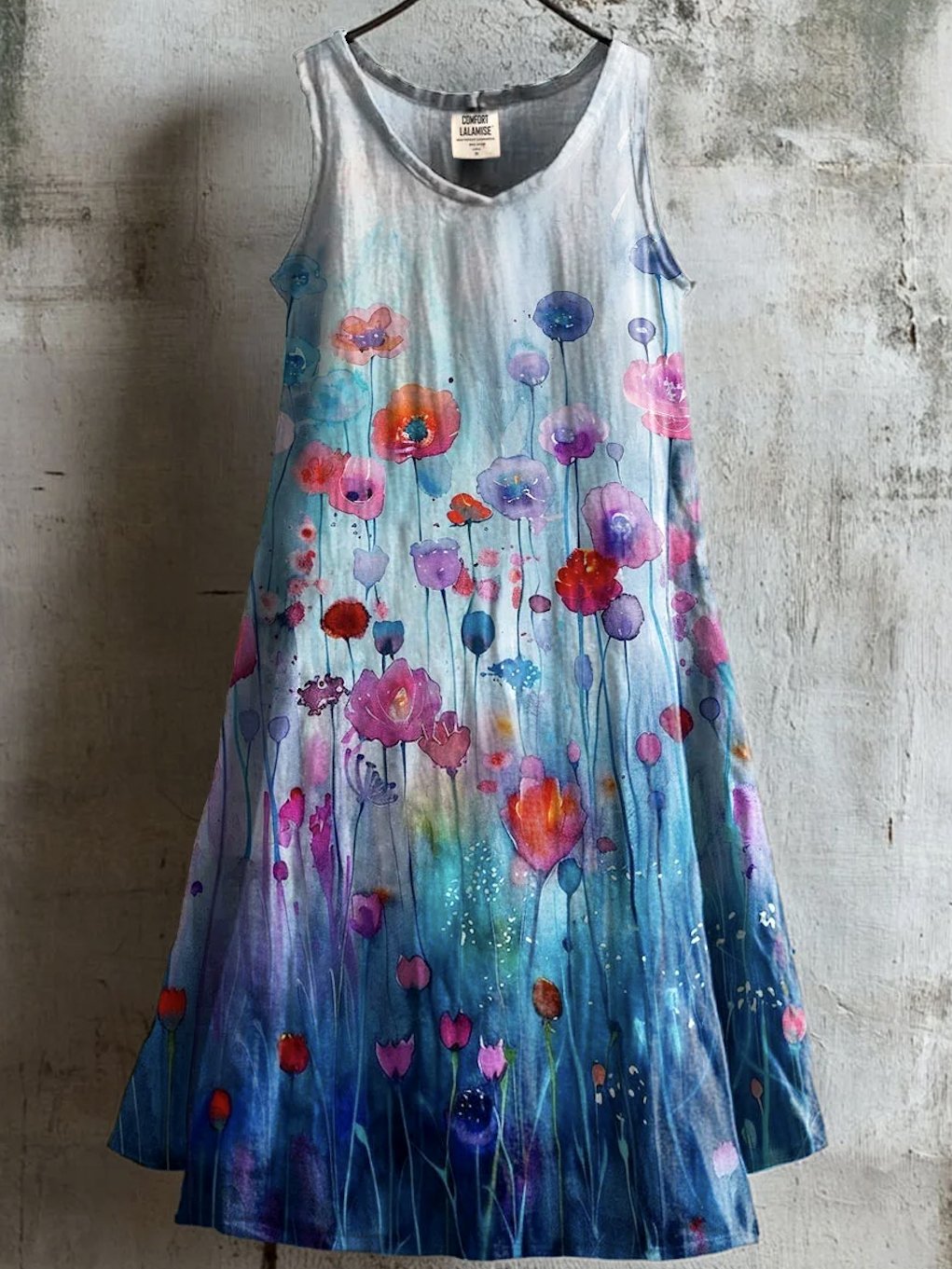 Femmes Floral Bleu Col Rond Confortable Robe Mi-Longue Décontracté