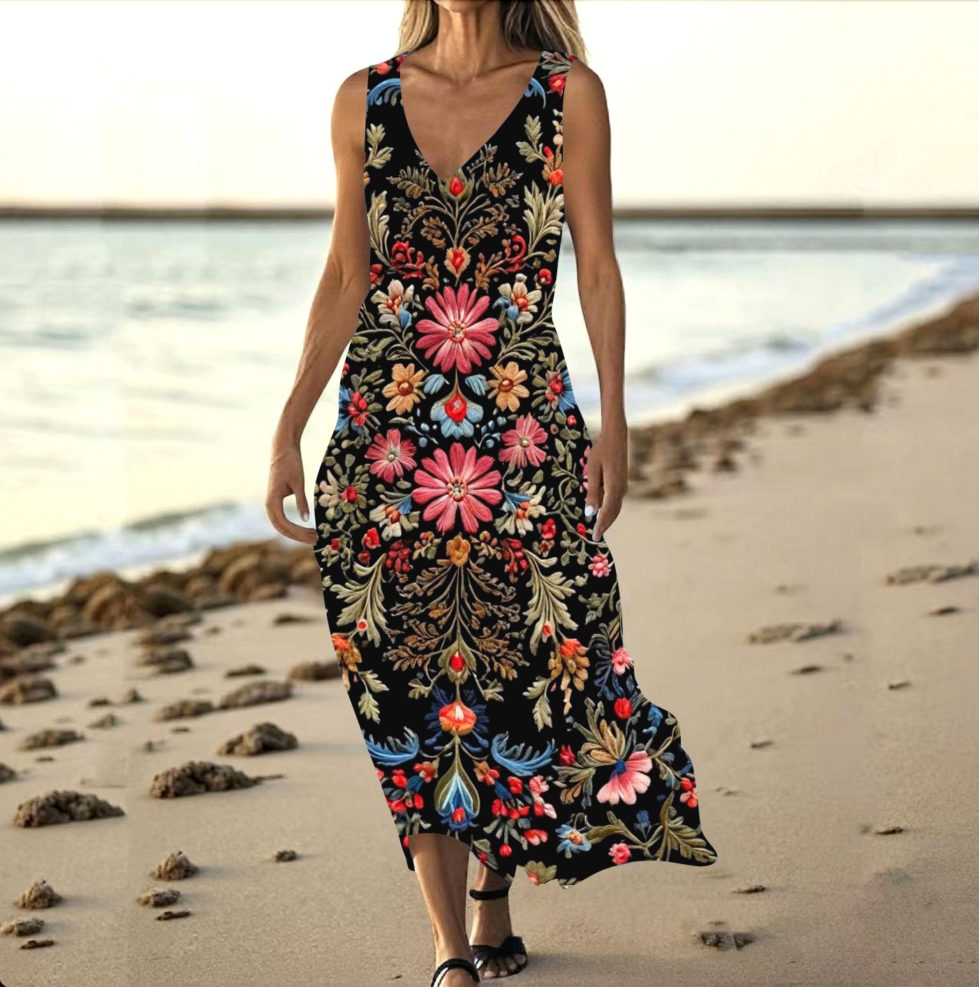 Femmes Floral Noir Col V Confortable Robe Maxi Décontracté