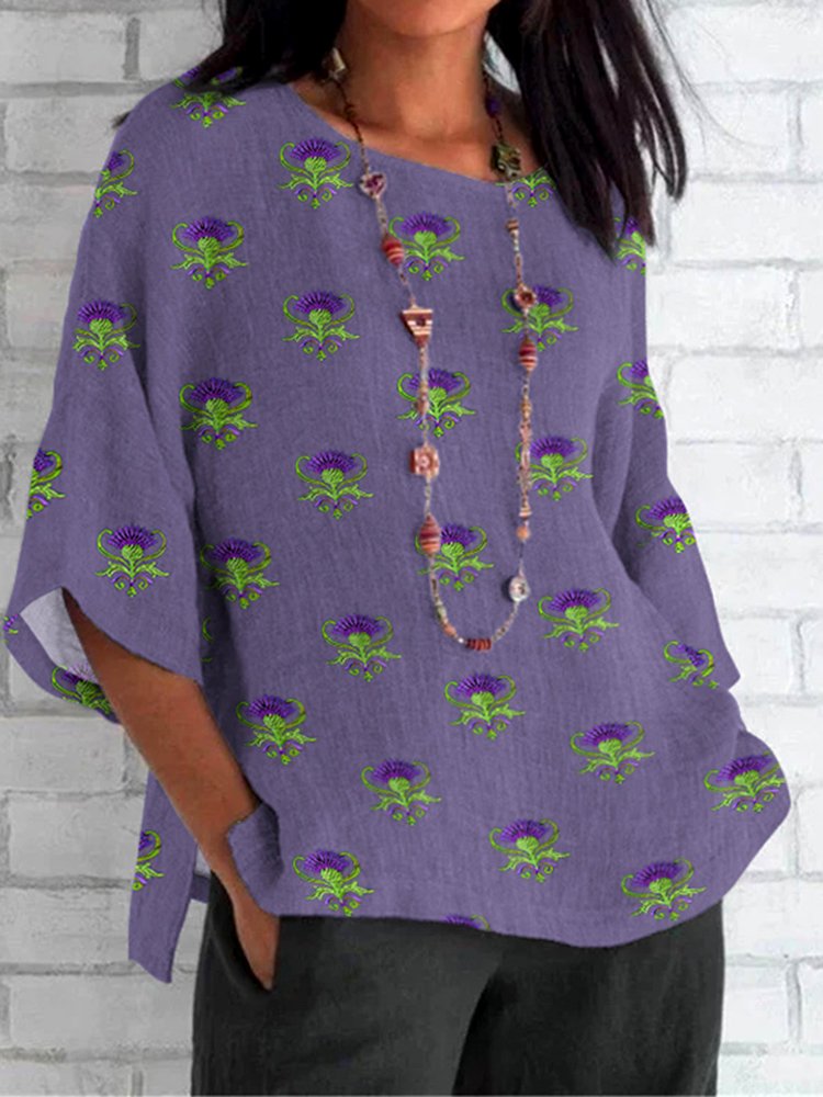 T-shirts Femmes Décontracté Floral Printemps / Automne Coton Micro-élasticité Coupe Régulière Col Rond Régulier Trapèze
