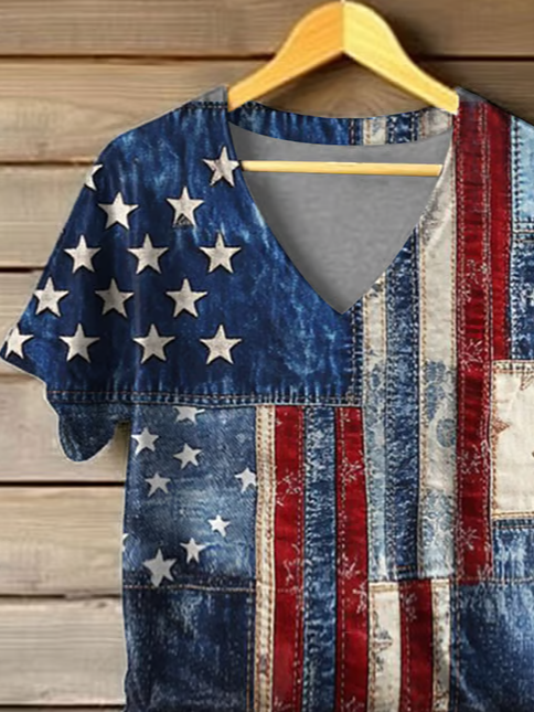 T-shirts Décontracté Été Le jour de l'indépendance (Drapeau) Polyester Col V Micro-élasticité Coupe Régulière Manches Courtes Régulier pour Femmes