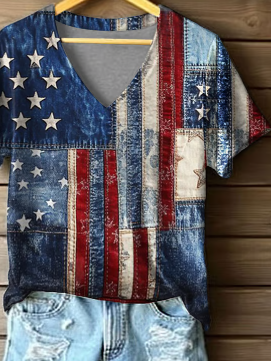 T-shirts Décontracté Été Le jour de l'indépendance (Drapeau) Polyester Col V Micro-élasticité Coupe Régulière Manches Courtes Régulier pour Femmes