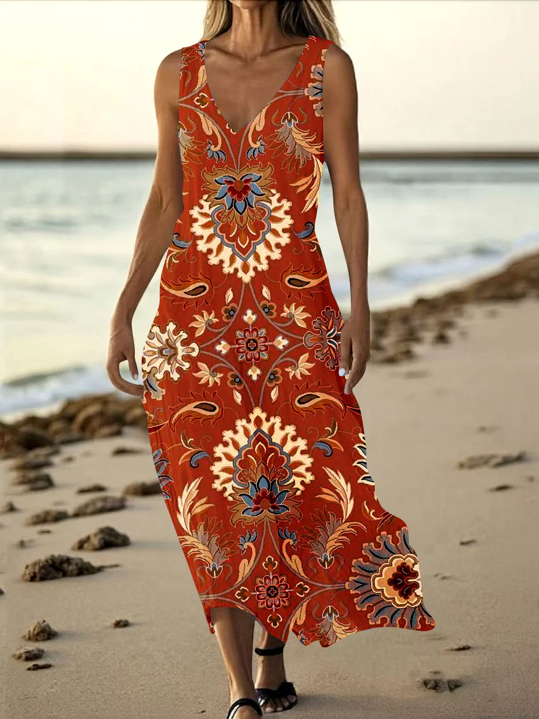 Femmes Floral Rouge Col V Confortable Robe Maxi Décontracté