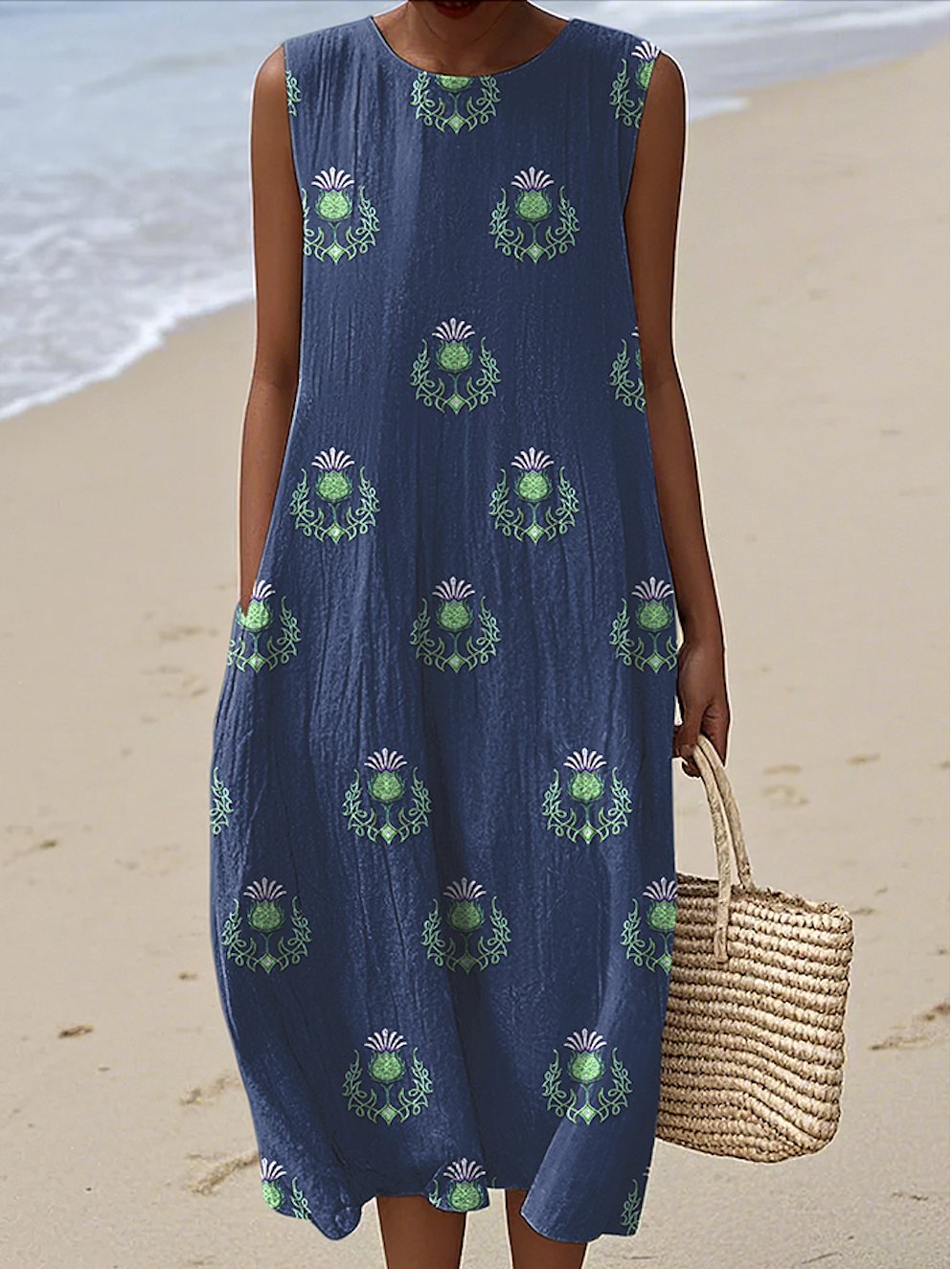 Femmes Floral Bleu Violacé Col Rond Confortable Robe Maxi Décontracté