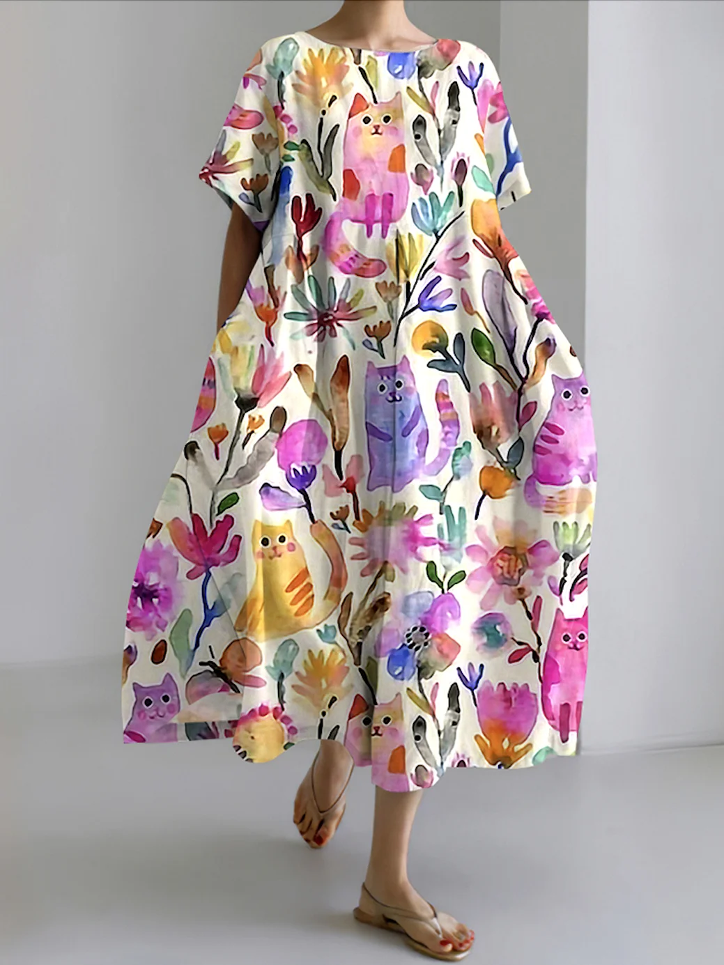 Femmes Floral Blanc Col Rond Confortable Robe Maxi Décontracté