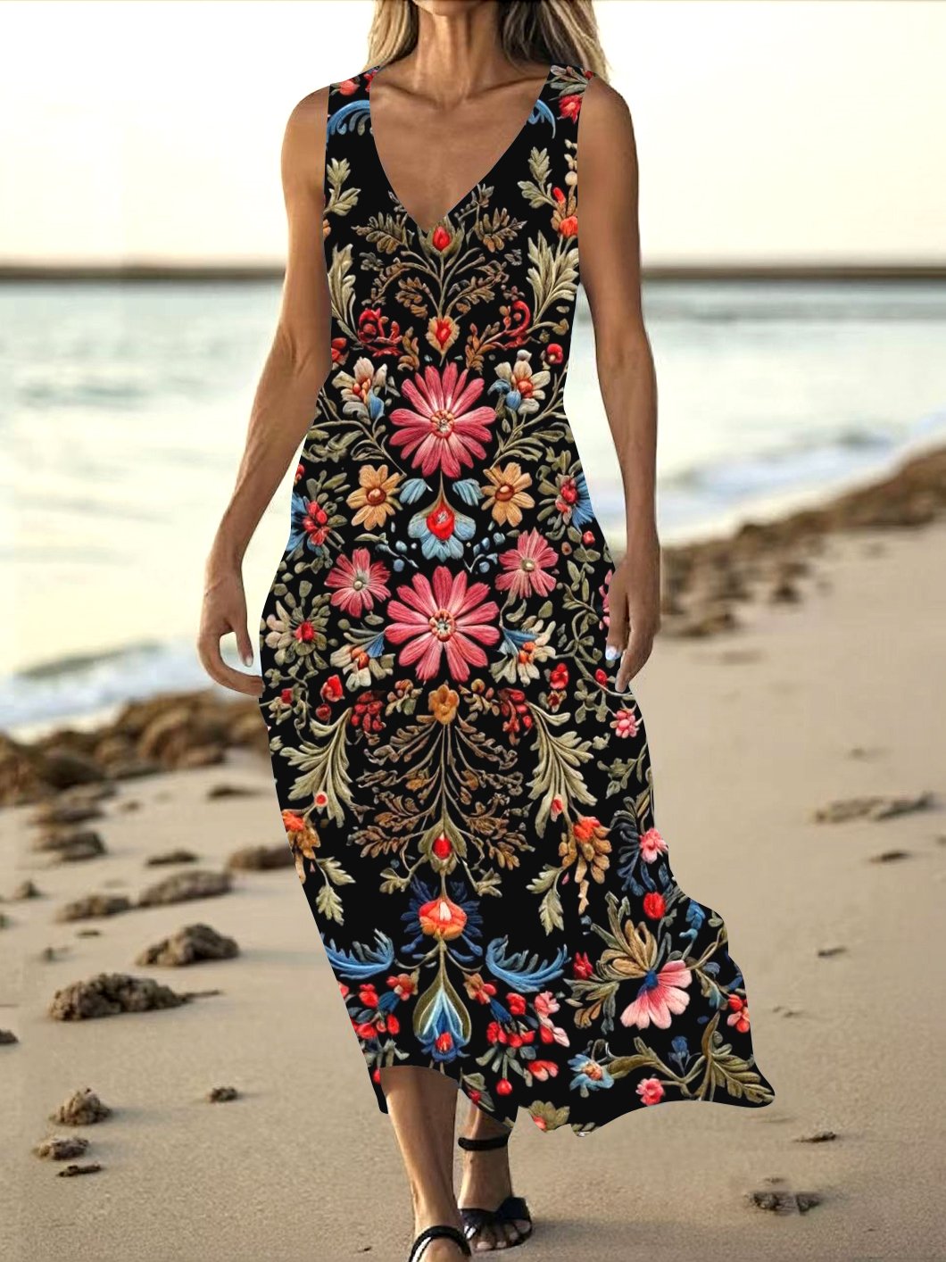 Femmes Floral Noir Col V Confortable Robe Maxi Décontracté