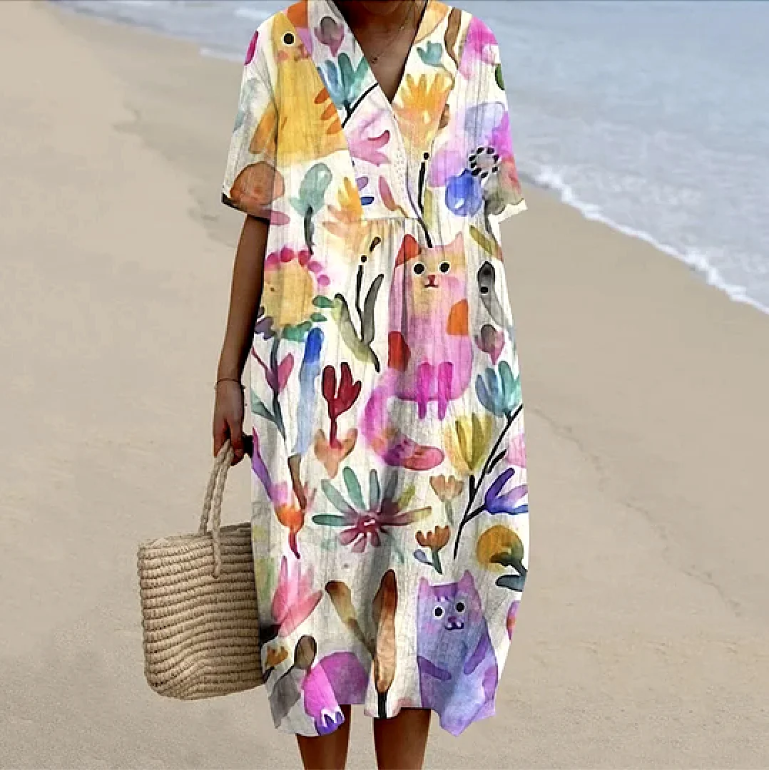 Femmes Floral Blanc Col V Confortable Robe Maxi Décontracté
