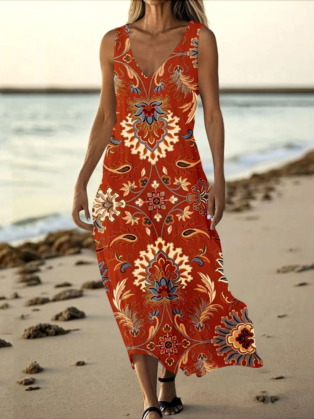 Femmes Floral Rouge Col V Confortable Robe Maxi Décontracté