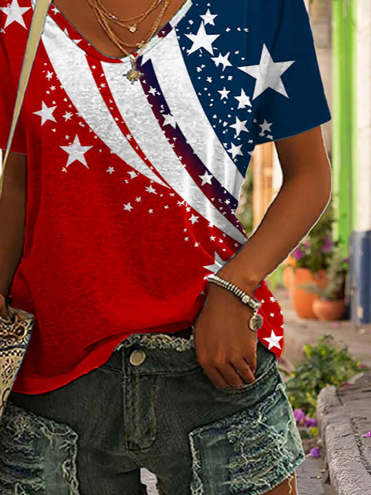 T-shirts Femmes Décontracté Été Le jour de l'indépendance (Drapeau) Polyester Col V Micro-élasticité Quotidien Coupe Régulière Droit