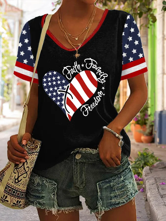 T-shirts Décontracté Été Le jour de l'indépendance (Drapeau) Polyester Col V Quotidien Coupe Régulière Droit Régulier pour Femmes