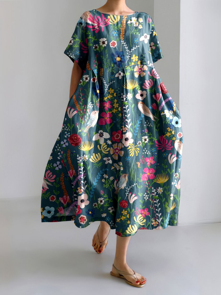 Femmes Floral Bleu Col Rond Confortable Robe Maxi Décontracté