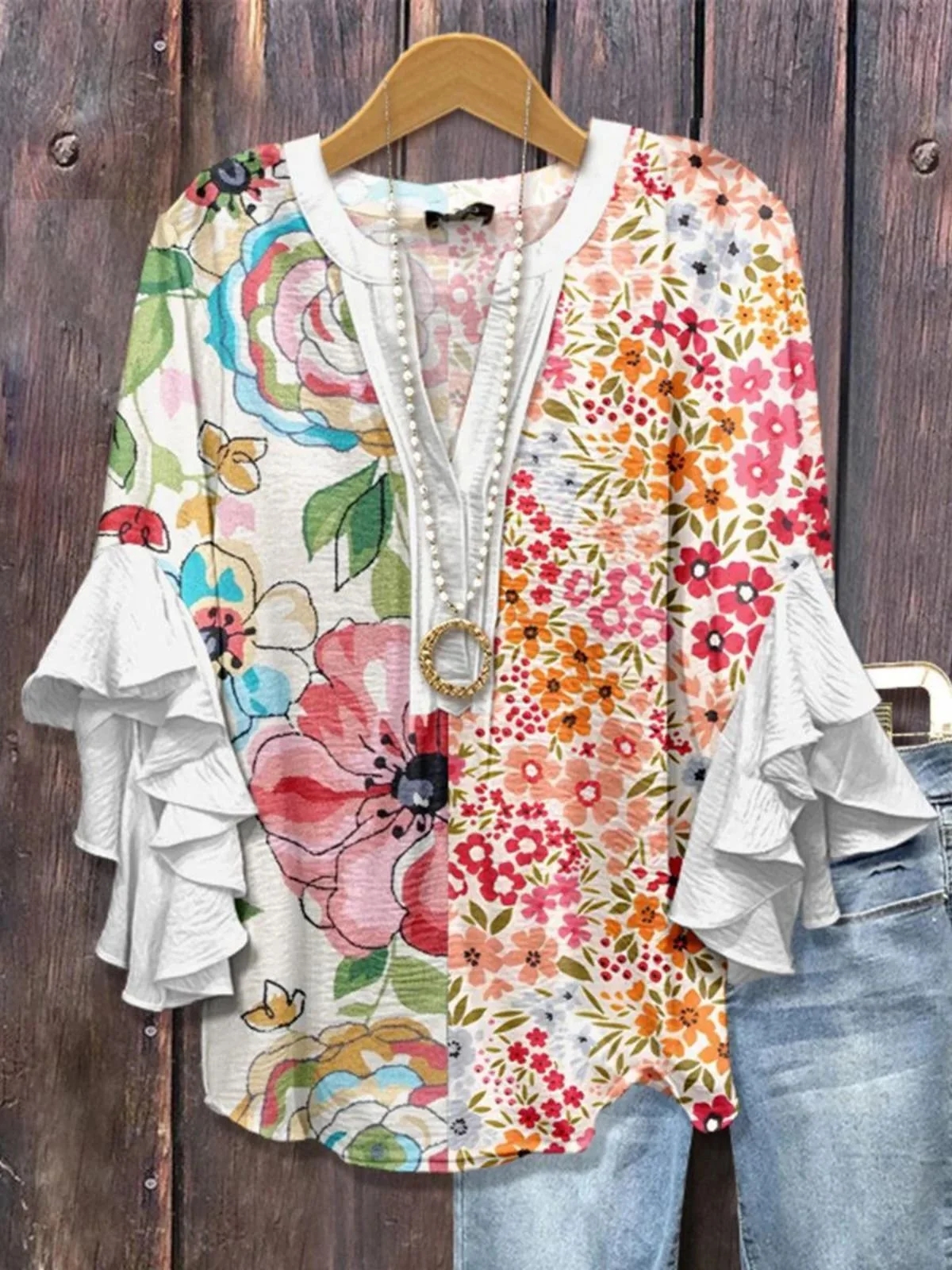 Blouses Fête Floral Été Coton Col V Micro-élasticité Domestique Régulier Régulier pour Femmes