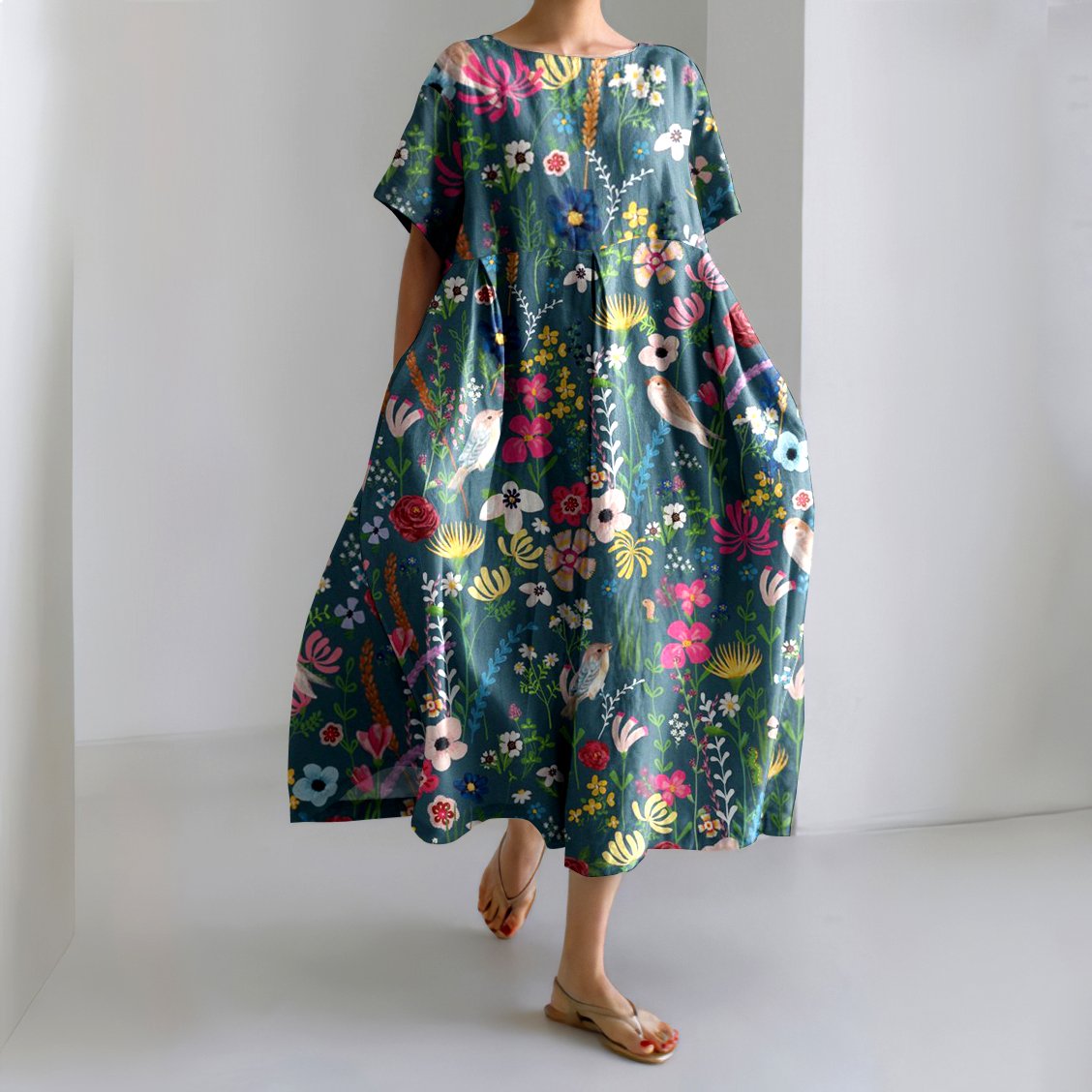 Femmes Floral Bleu Col Rond Confortable Robe Maxi Décontracté