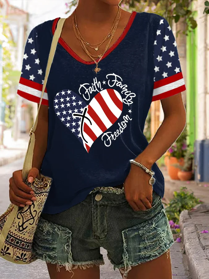 T-shirts Décontracté Été Le jour de l'indépendance (Drapeau) Polyester Col V Quotidien Coupe Régulière Droit Régulier pour Femmes