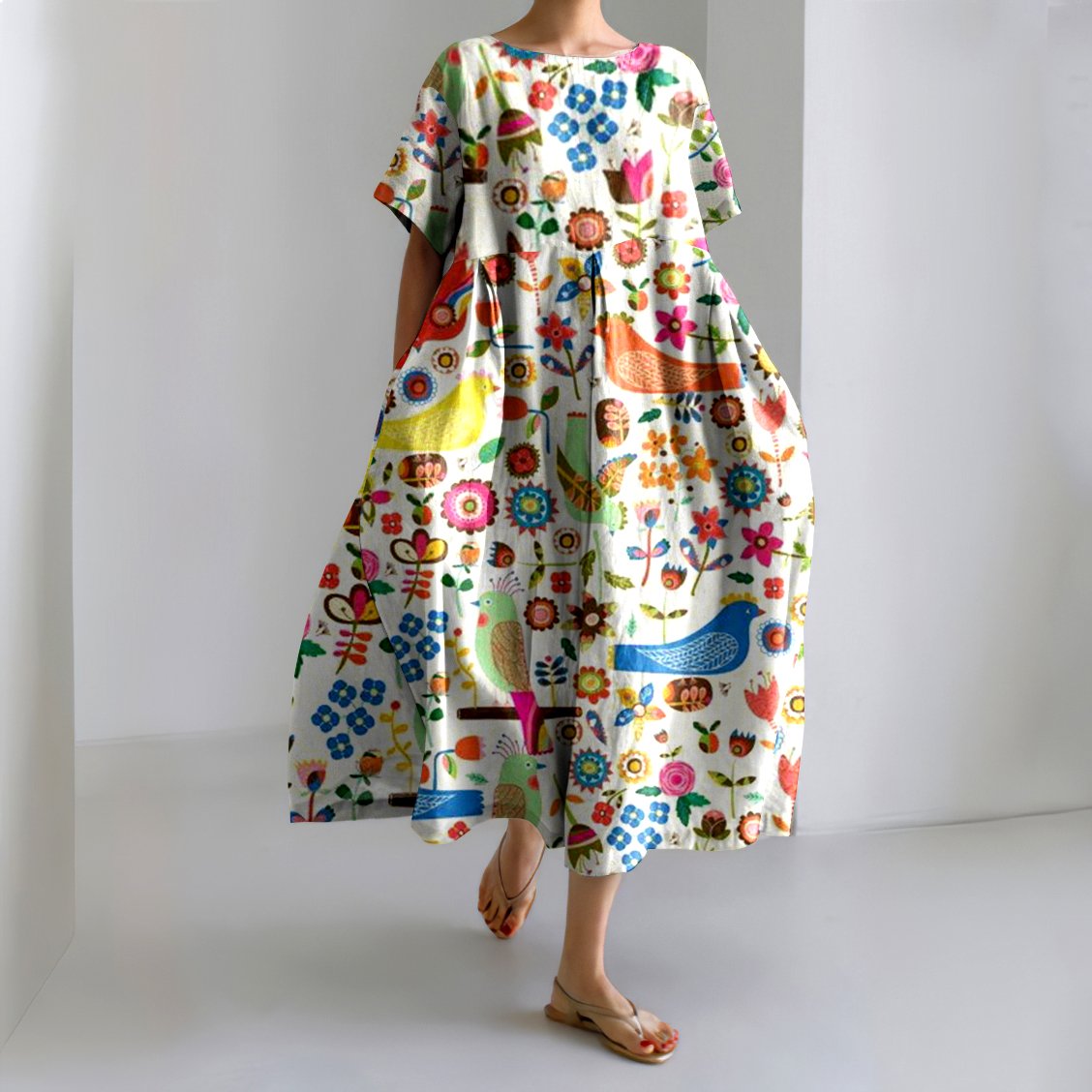 Femmes Floral Blanc Col Rond Confortable Robe Maxi Décontracté