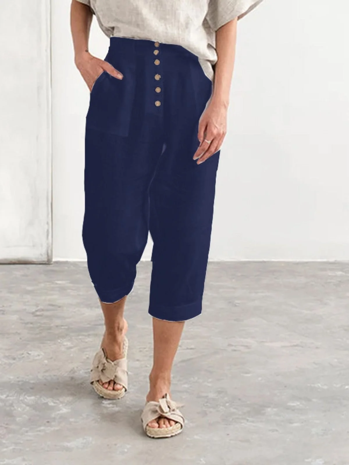 Pantalons Femmes en Lin Plain Été Coton Naturel Domestique Corsaire Pantalon droit Droit