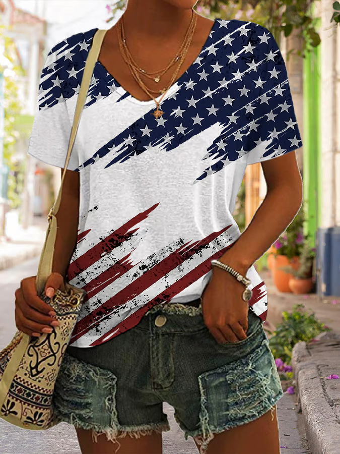 T-shirts Femmes Décontracté Été Le jour de l'indépendance (Drapeau) Imprimé Micro-élasticité Coupe Régulière Manches Courtes Régulier Régulier