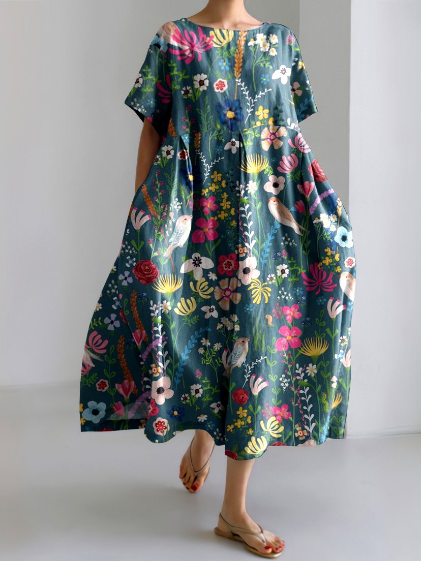 Femmes Floral Bleu Col Rond Confortable Robe Maxi Décontracté