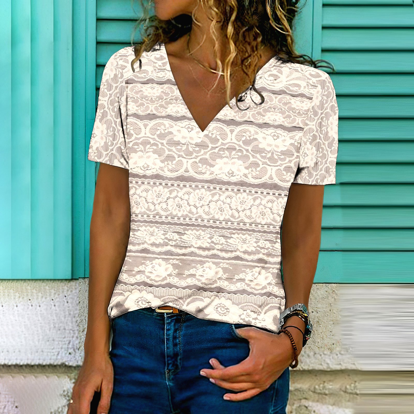 T-shirts Femmes Décontracté Floral Été Coton Col V Micro-élasticité Quotidien Manches Courtes Trapèze