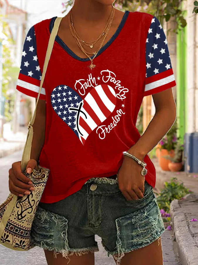 T-shirts Décontracté Été Le jour de l'indépendance (Drapeau) Polyester Col V Quotidien Coupe Régulière Droit Régulier pour Femmes