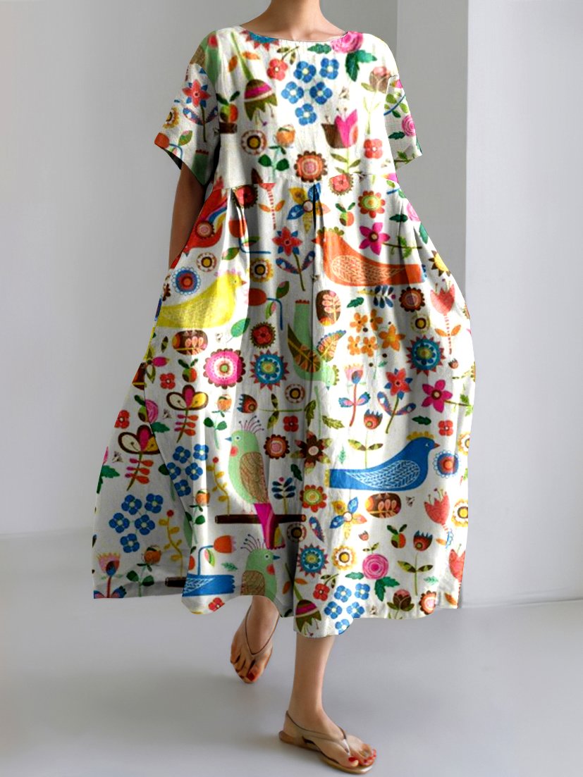 Femmes Floral Blanc Col Rond Confortable Robe Maxi Décontracté