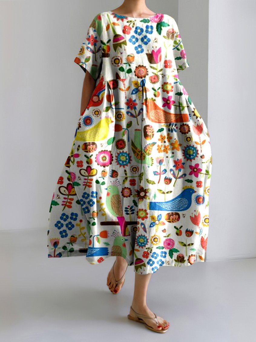 Femmes Floral Blanc Col Rond Confortable Robe Maxi Décontracté