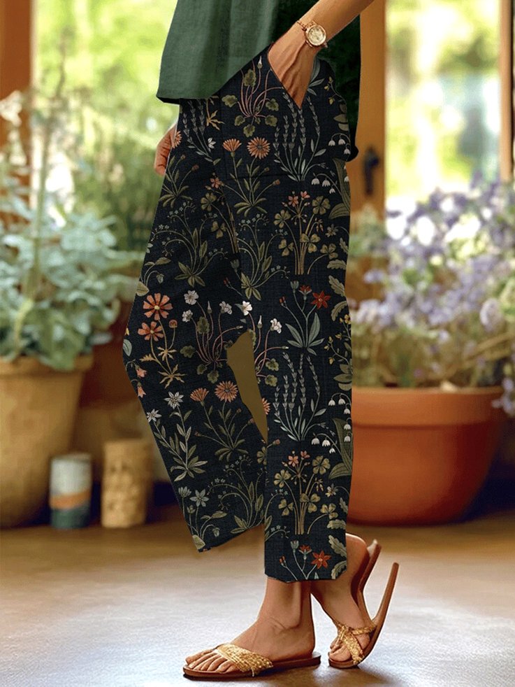 Pantalons Décontracté Floral Printemps / Automne en Lin Naturel Micro-élasticité Quotidien Trapèze Régulier pour Femmes