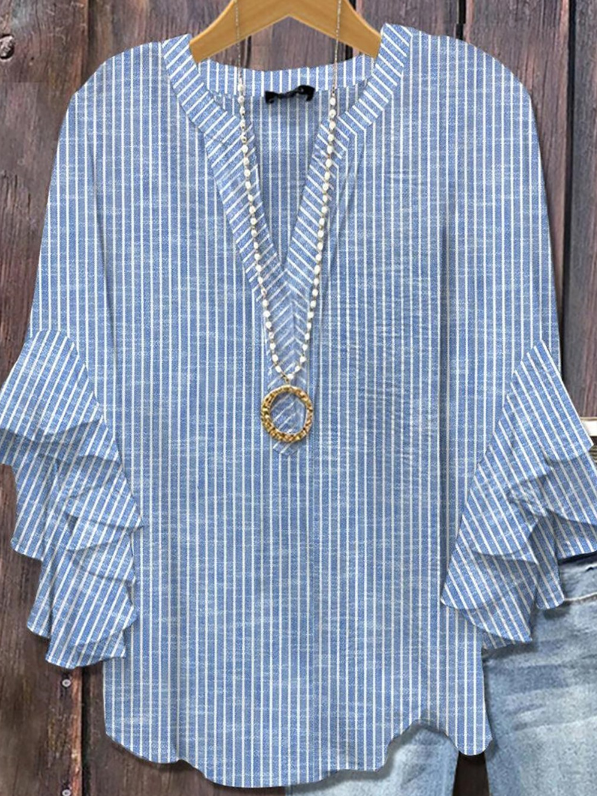 Blouses Femmes Rayé Simple Été Coton Col V Micro-élasticité Faire la navette Demi Manche Régulier