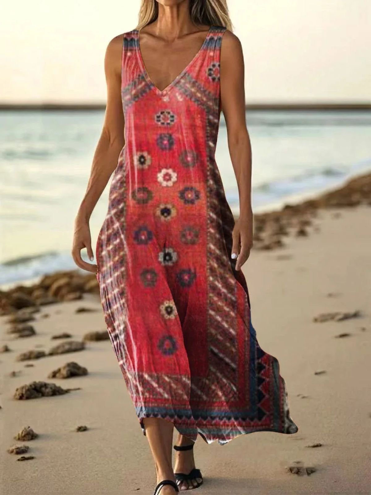 Femmes Floral Rouge Col V Confortable Robe Maxi Décontracté
