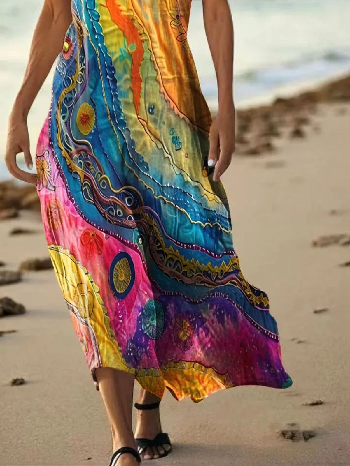 Femmes Multicolore Bloc Rouge Col V Confortable Robe Maxi Décontracté