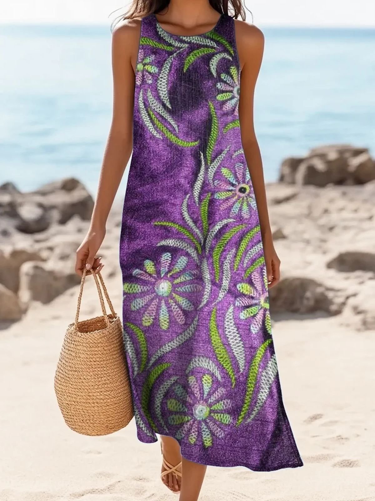 Femmes Géométrique Violet Col Rond Confortable Robe Maxi Décontracté
