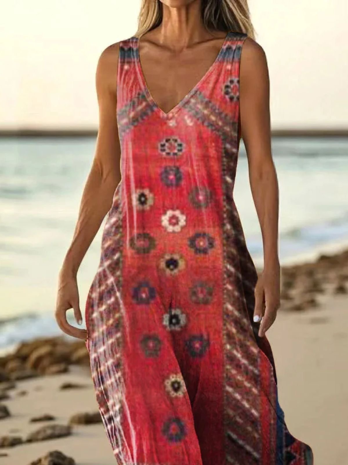 Femmes Floral Rouge Col V Confortable Robe Maxi Décontracté